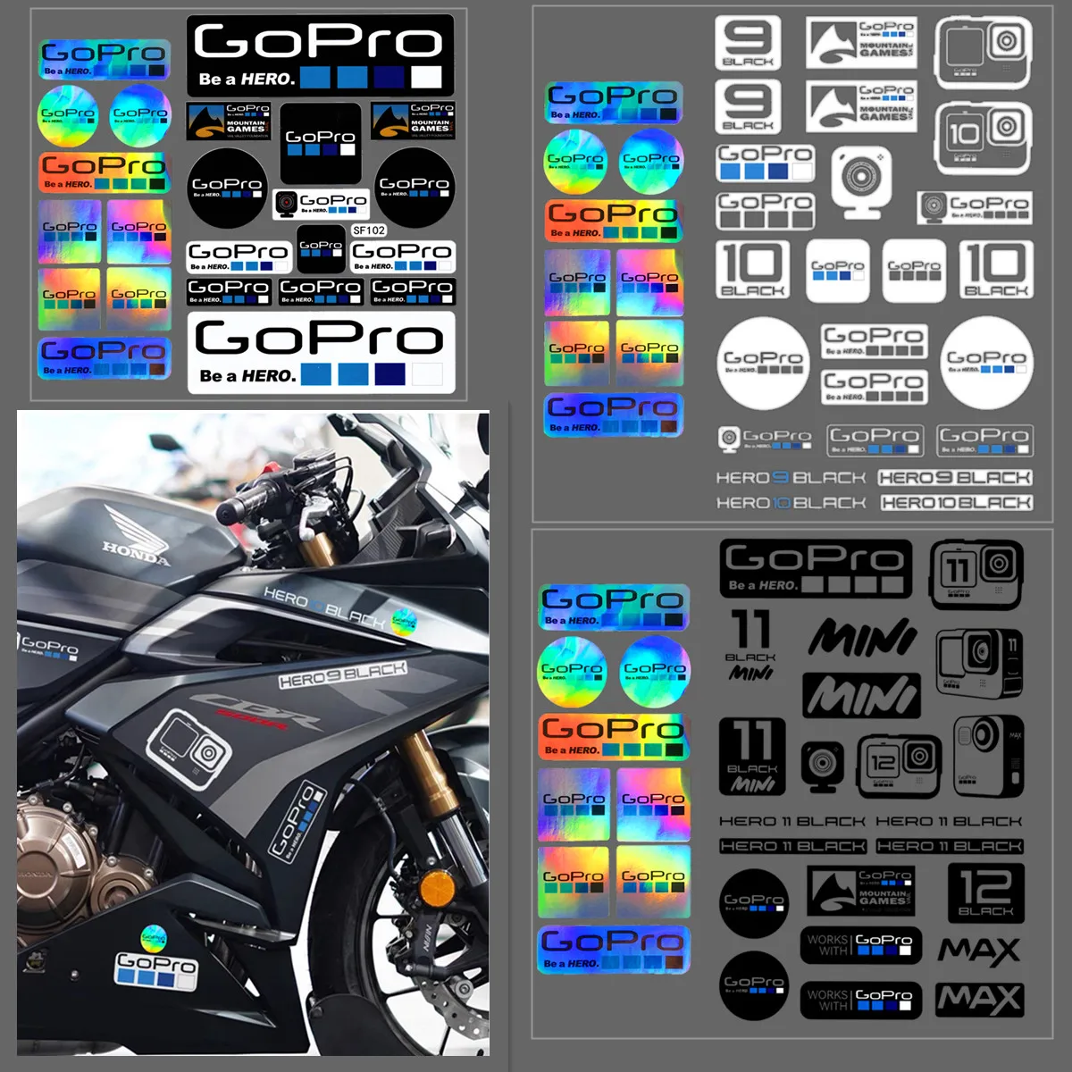 

Gopro Sticker Motorcycle Decal Set Helmet Protective Film UV Printing Decorative for Gopro Hero 11/10/9/8/7 Sports Camera Label