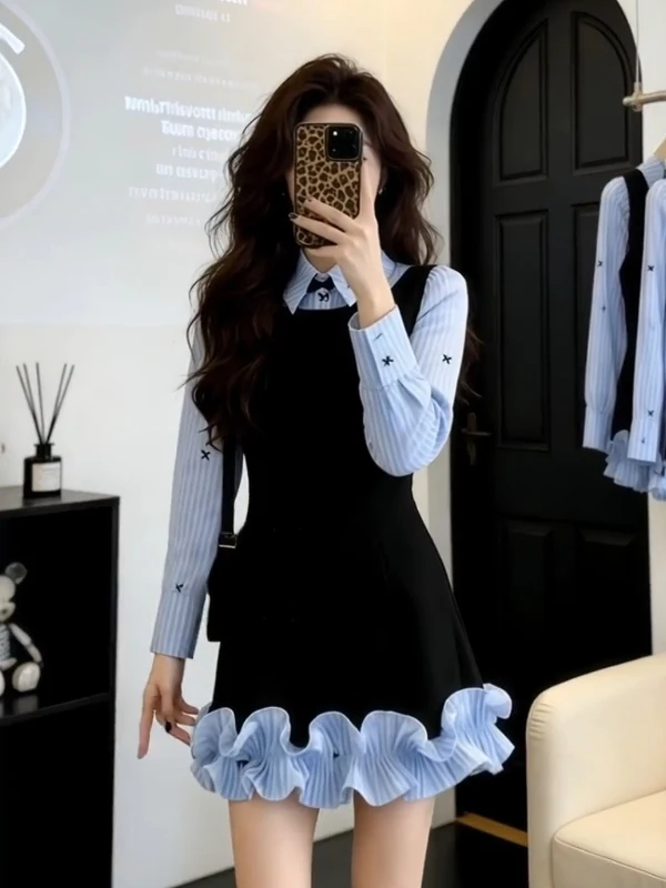 

Elegant Color Block Shirt Dress Women's Spring Korean College Style A-Line Bloom Skirt Long Sleeve Waist-Cinching Citywalk