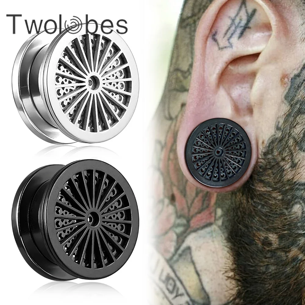 Twolobes 2PCS 316 Stainless Steel Punk Round Wheels Ear Gauges Plugs Tunnels Expander Piercing Women Men Body Jewelry Expansions