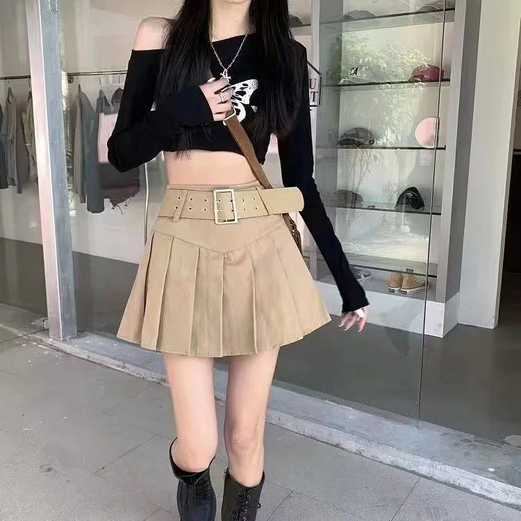 Korean Style Spicy Girl Design Pleated  Skirt Women's Short Skirt with Belt Workwear Style Polyester Fiber Pure Color