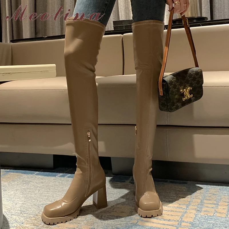 

Meotina Women Genuine Leather Stretch Thigh High Boots Square Toe Thick High Heel Zipper Ladies Long Boot Autumn Winter Shoes 40