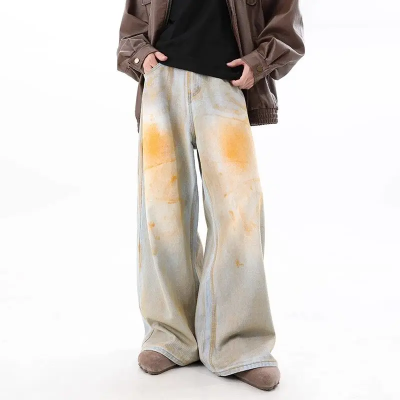 

Wasteland style niche design yellow mud jeans men's American high street drape straight floor pants wide-leg pants