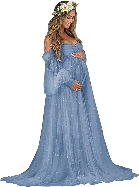 Parel tule zwangerschapsjurk voor fotoshoot lange gezwollen mouw off-shoulder babyshower bruids zwangerschapsjurken