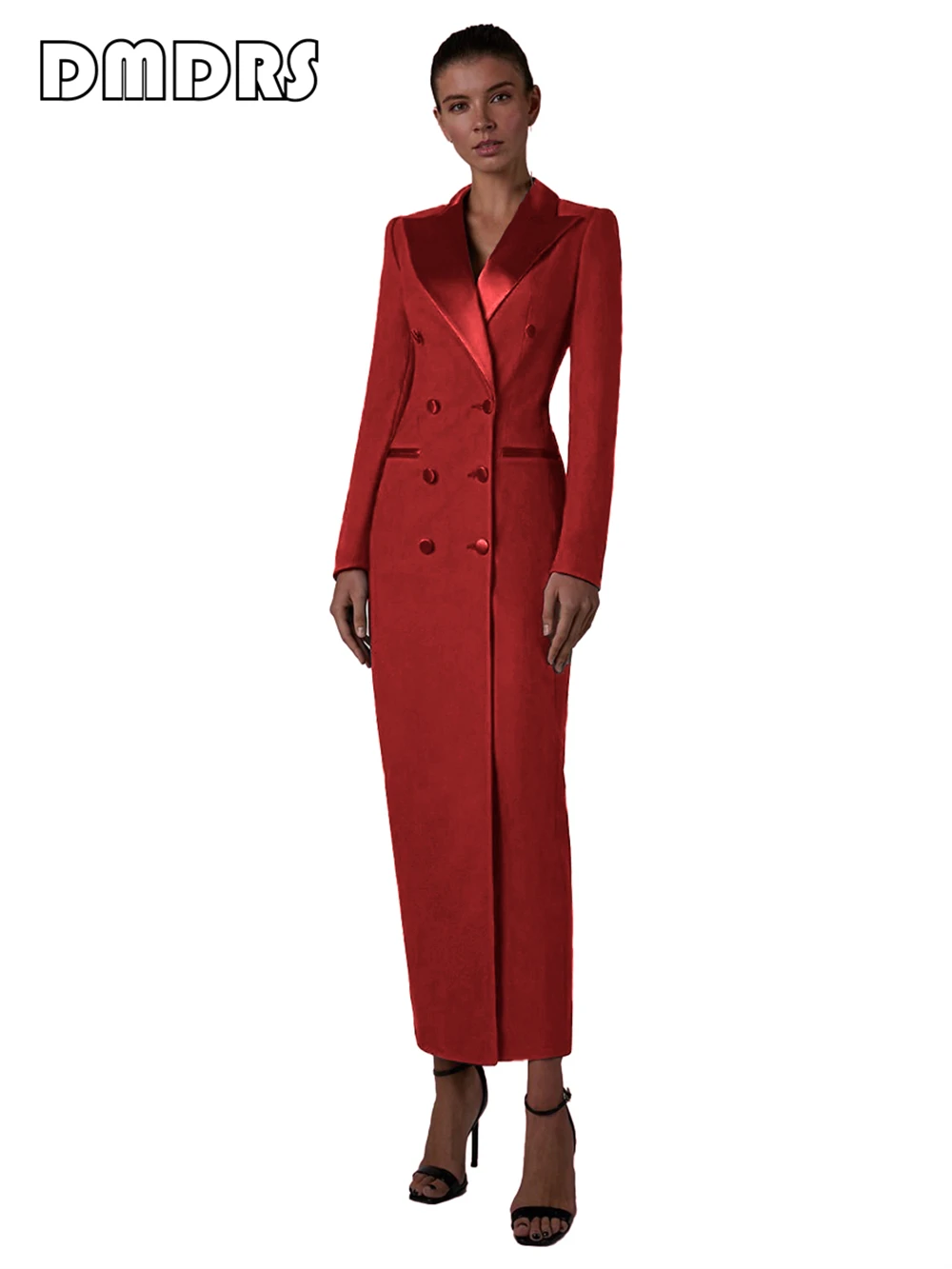 Notched Silky Satin Collar Women Tuxedo Dress Long Suit Coat Sheath Long Sleeves Blazer Double Breasted Women's Suits