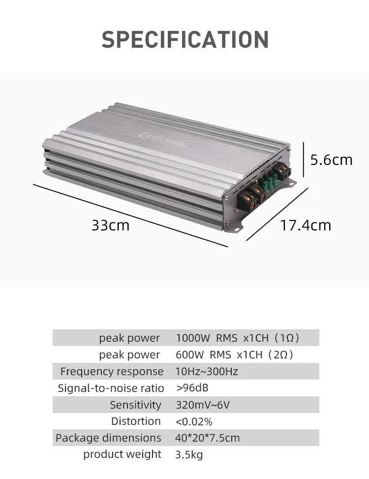 Guangzhou Kuerl Factory Competition High Power Stereo Amplifier Class D 1 Channel Car Power Amplifier