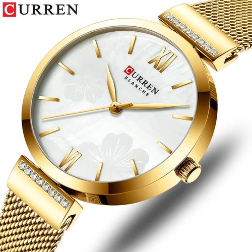 Reloj de moda CURREN para mujer, reloj de pulsera elegante dorado de cuarzo de lujo, reloj femenino, vestido de mujer de acero inoxidable