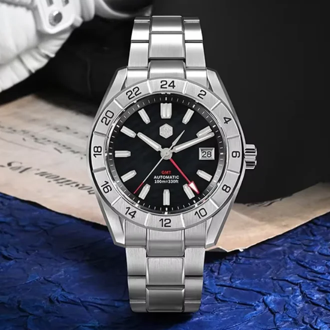 San Martin Men Automatic Watch 42MM GMT Mechanical Wristwatch Diver 100m Waterproof BGW9 Luminous Sapphire NH34 MOP Dial Date