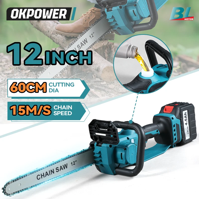 12Inch Brushless Electric Chain Saw 6600W Auto Oiler Cordless Chainsaw Woodworking Graden Pruning Saw Tool For 18V Battery