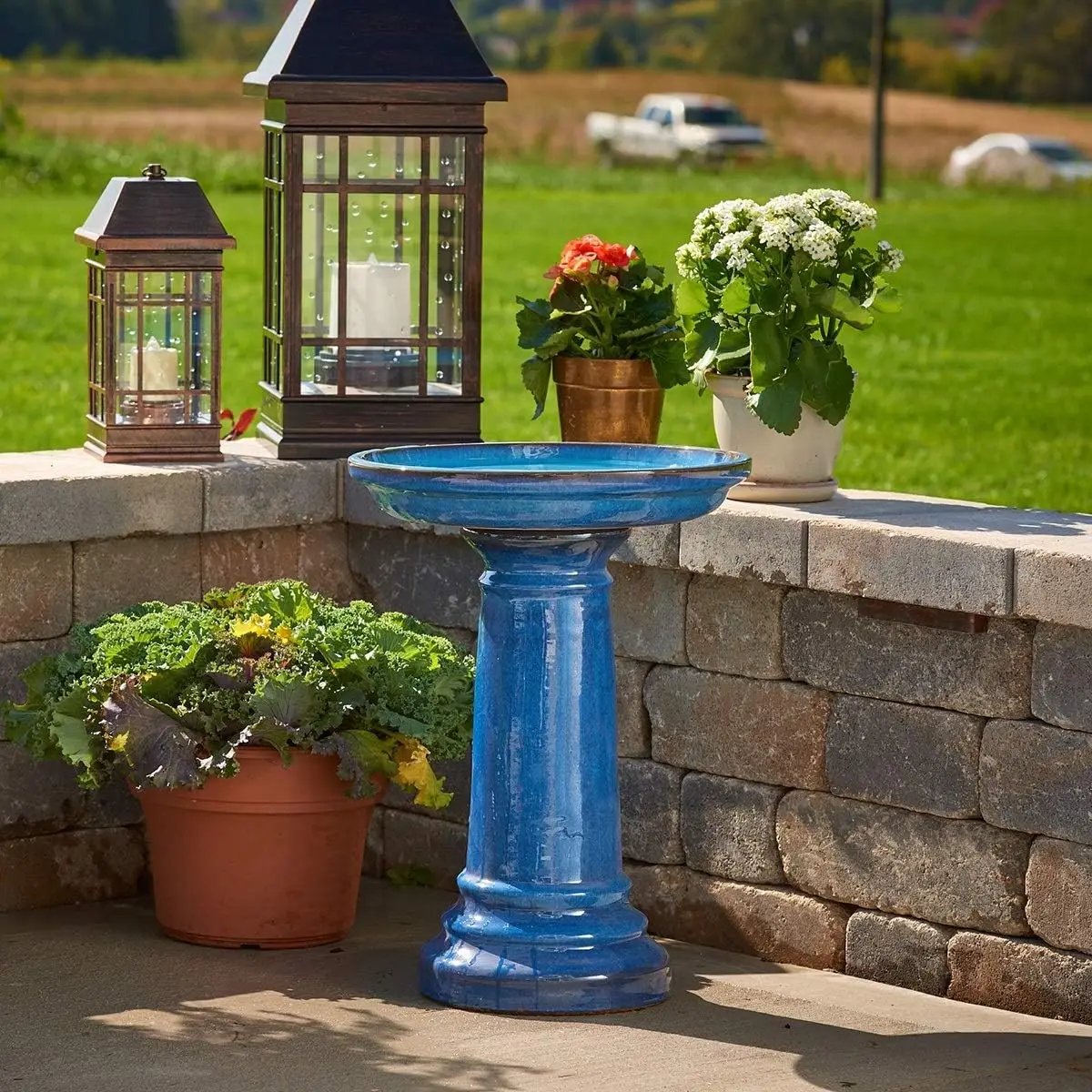 Bird Bath Ceramic Pedestal Stand All Season Blue