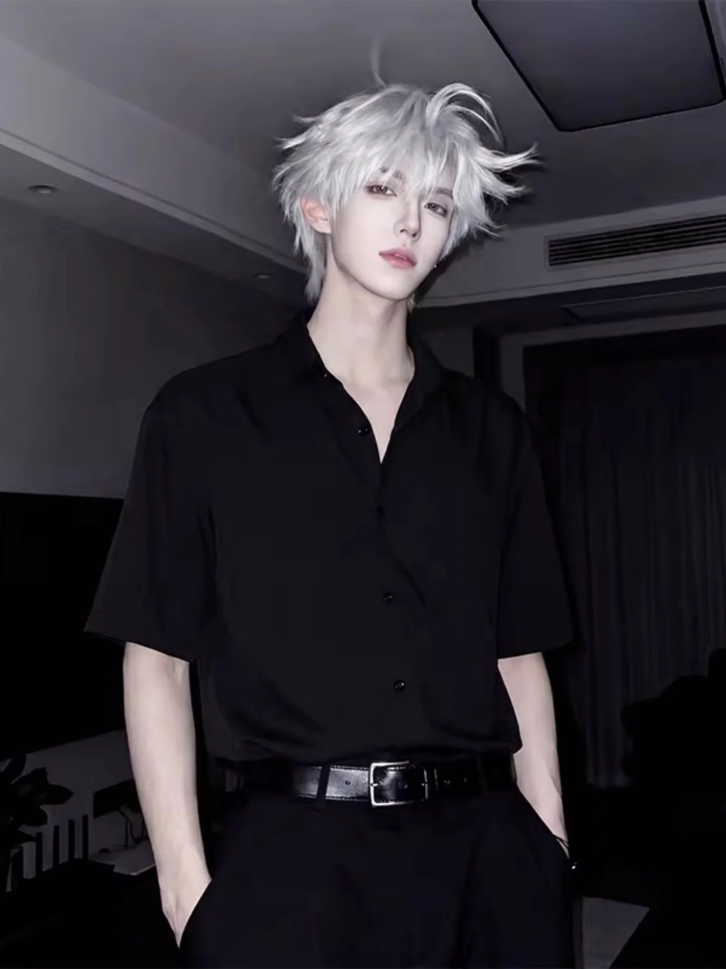 

Bla Ice Silk ort Sve irt Men's Summer Thin High-End Feeling Haome irt Cleanfit Matures Sle Outerwear Trendy
