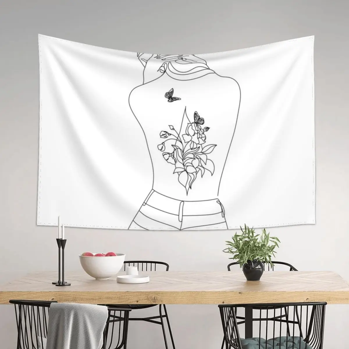 

Abstract face with flowers by one linedrawing. Portrait minimalistic style.Botanical print. Nature symbol of cosmetics. Tapestry