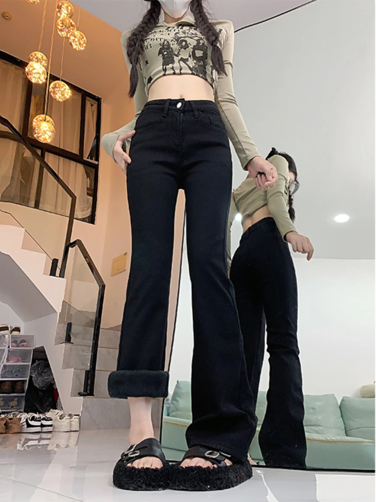 

Джинсы с высокой талией и микро-клешем на флисовой подкладке для женщин, весна-осень, большие размеры, брюки-буткат, утягивающие, для фигуры типа «груша»