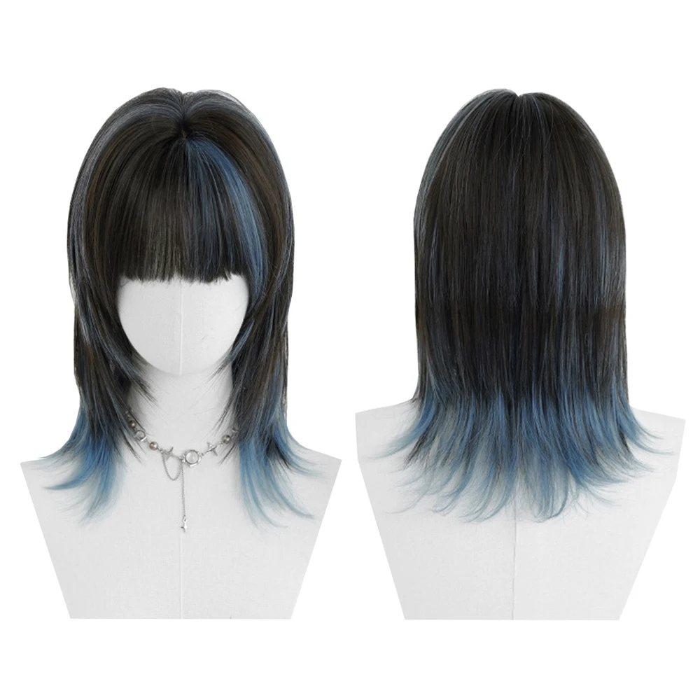 شعر صناعي بتصفيفة شعر البوري مع غرة، وإطلالات زرقاء وشعر مستعار رقيق، مناسب للعب الأدوار اليومي للنساء