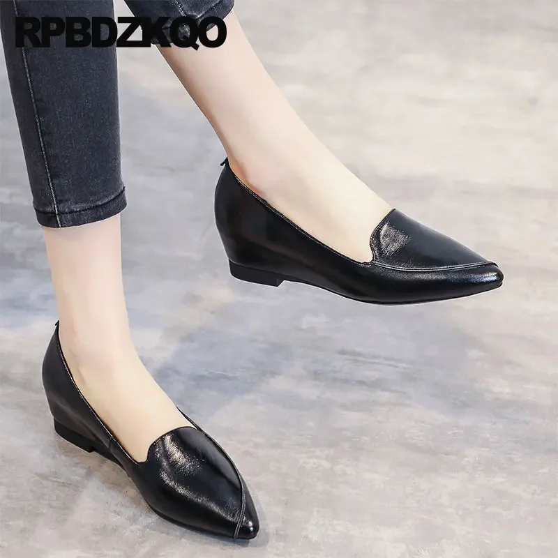 Size 34 Medium Elevator Height Increase Hidden Wedge Heel Pumps Pointed Toe Shoes 2022 Women Patent Real Genuine Leather Slip On