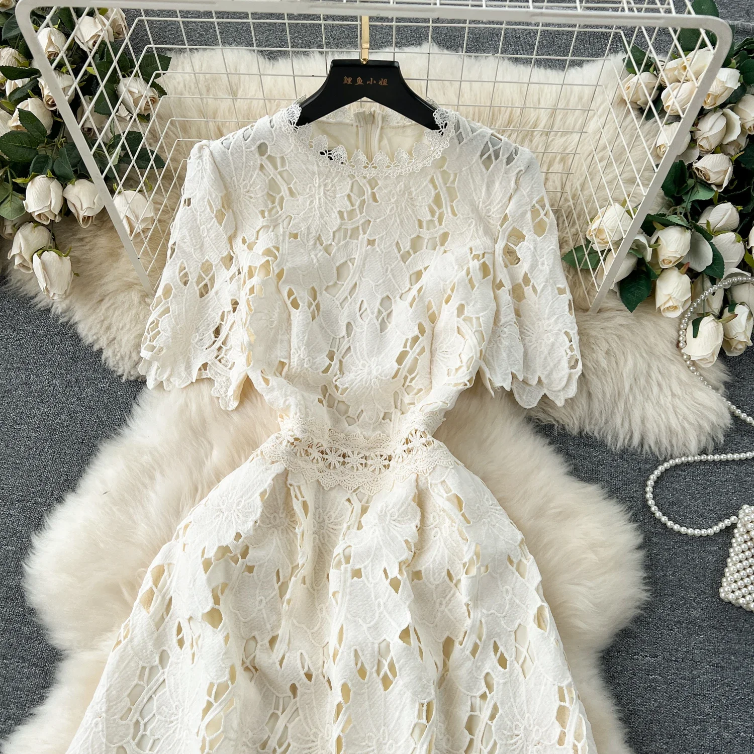 Franse vintage korte mouw kanten uitgesneden jurk A-lijn chic casual strandvakantie dames zomer O-hals jurken