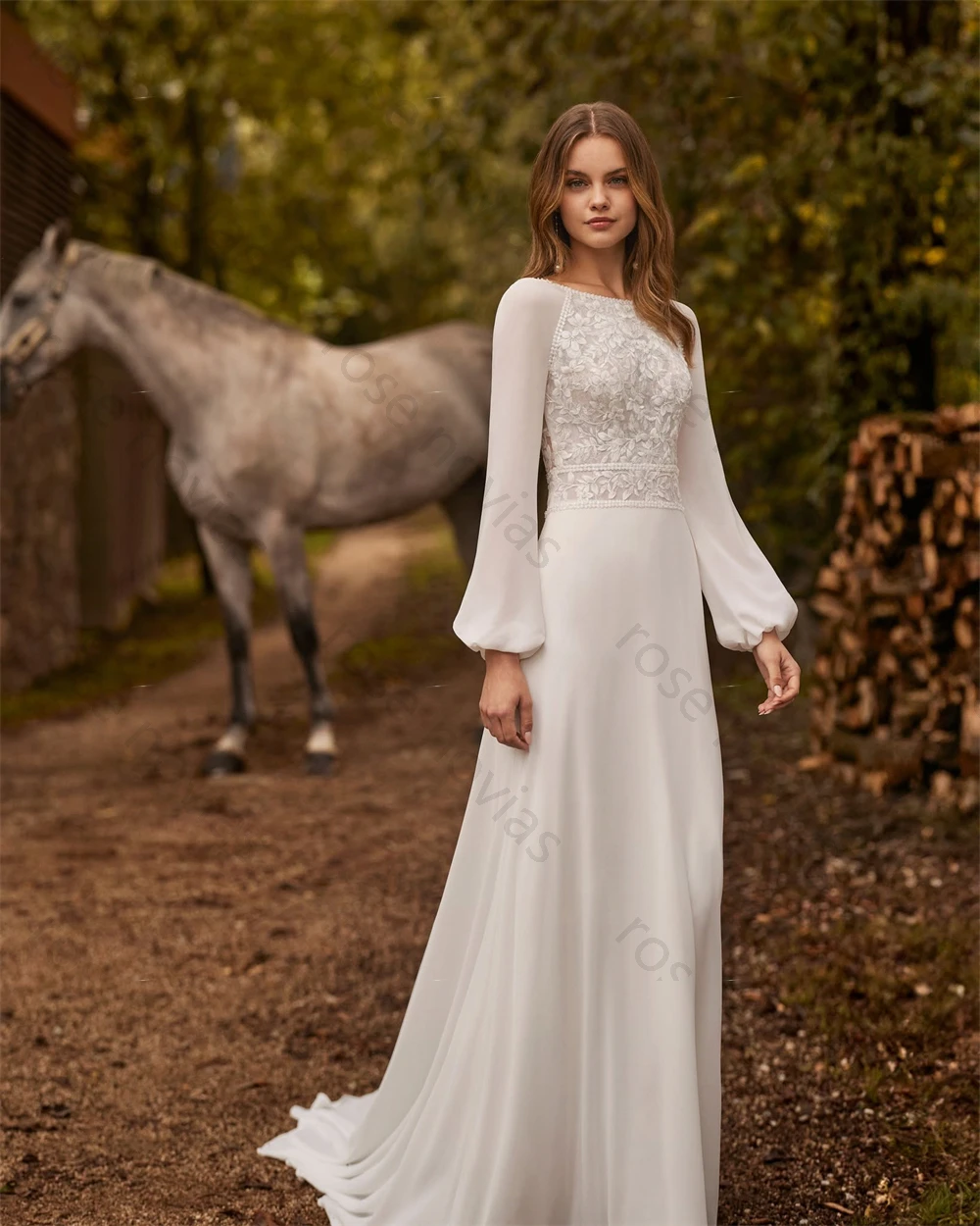 Hochwertige, maßgeschneiderte weiße Chiffon-Brautkleider mit O-Ausschnitt, langen Ärmeln, sexy Hofschleppe, rückenfrei, Kleider für besondere Anlässe