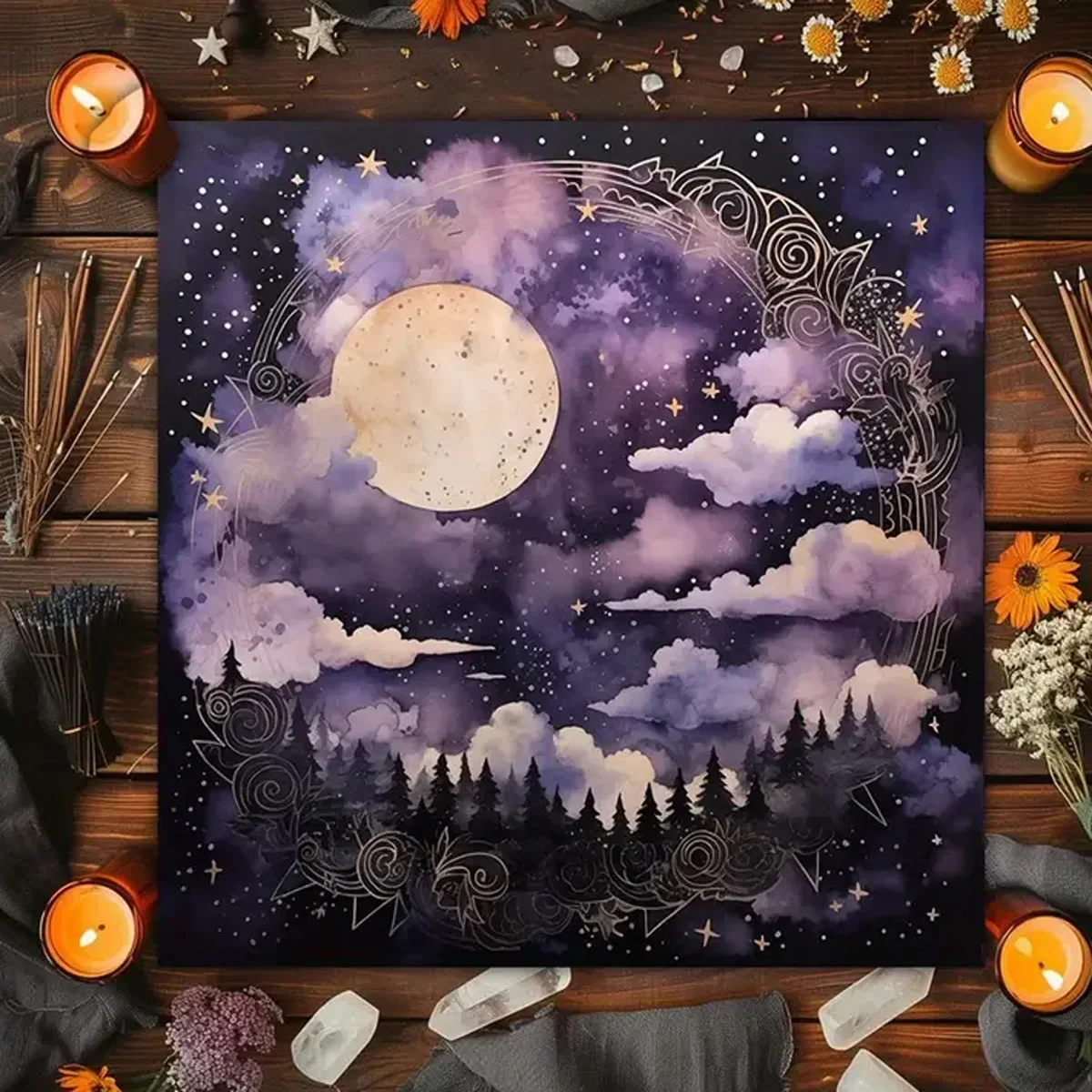 بسيطة بطاقات التارو مفرش المائدة المذبح القماش مع القمر السماء المرصعة بالنجوم الساحرة الأيدي كريستال العرافة القماش التارو حصيرة ديكور بطاقة الوسادة #1