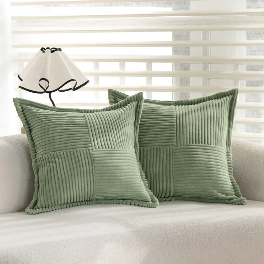 2pcs Sage Green Corduroy Throw Pillow Covers, Soft Striped Decorative Cushion Cases 18x18 / 12x20 Inch for Couch Bed Living Room