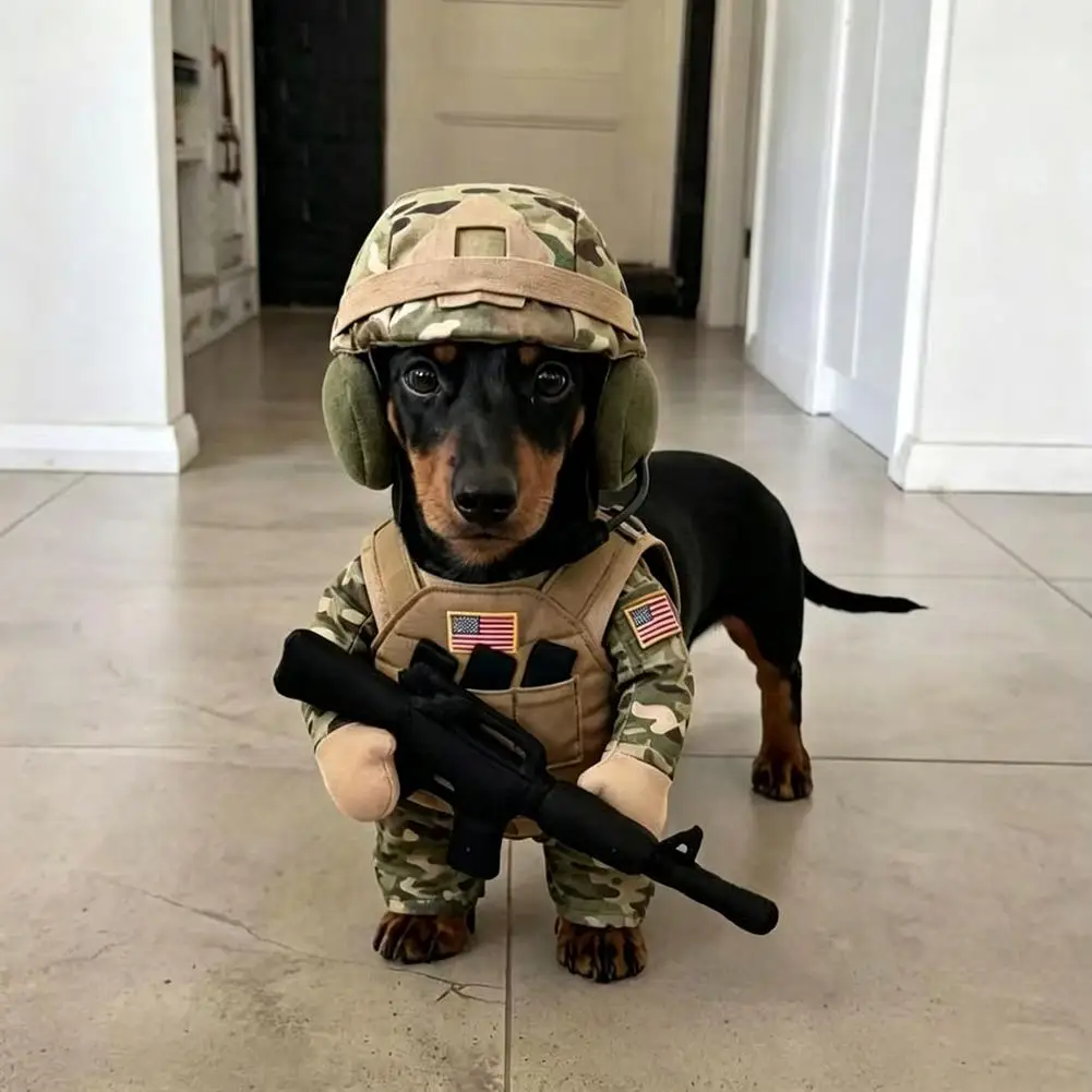 Dog Supplies Pet Soldier Costume for Small Dogs Camo Army Uniform with Helmet Goggles Toy Rifle Complete Set Halloween Outfit