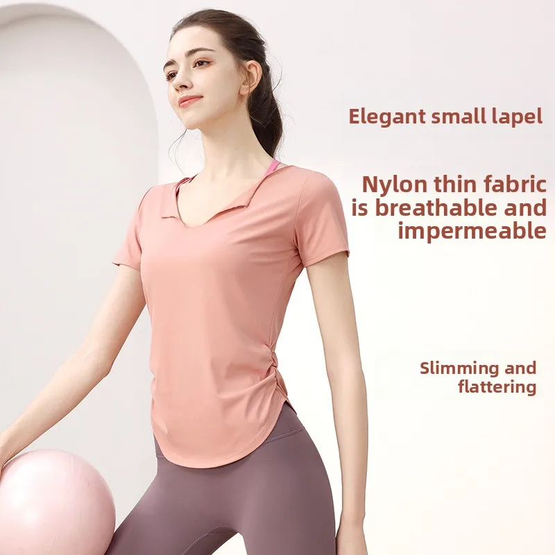 Yoga Clothes for Women with Lapels, Elegant Pilates Training Sports Tops, Quick-drying Breathable Running Fitness Short Sleeves