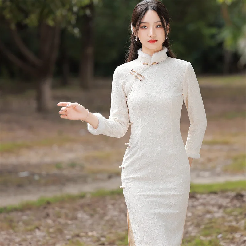 Winter Plus Velvet Thick Long Improved Cheongsam Composite Lace Retro Chinese Traditional Qipao Elegant Dress for Girls Women