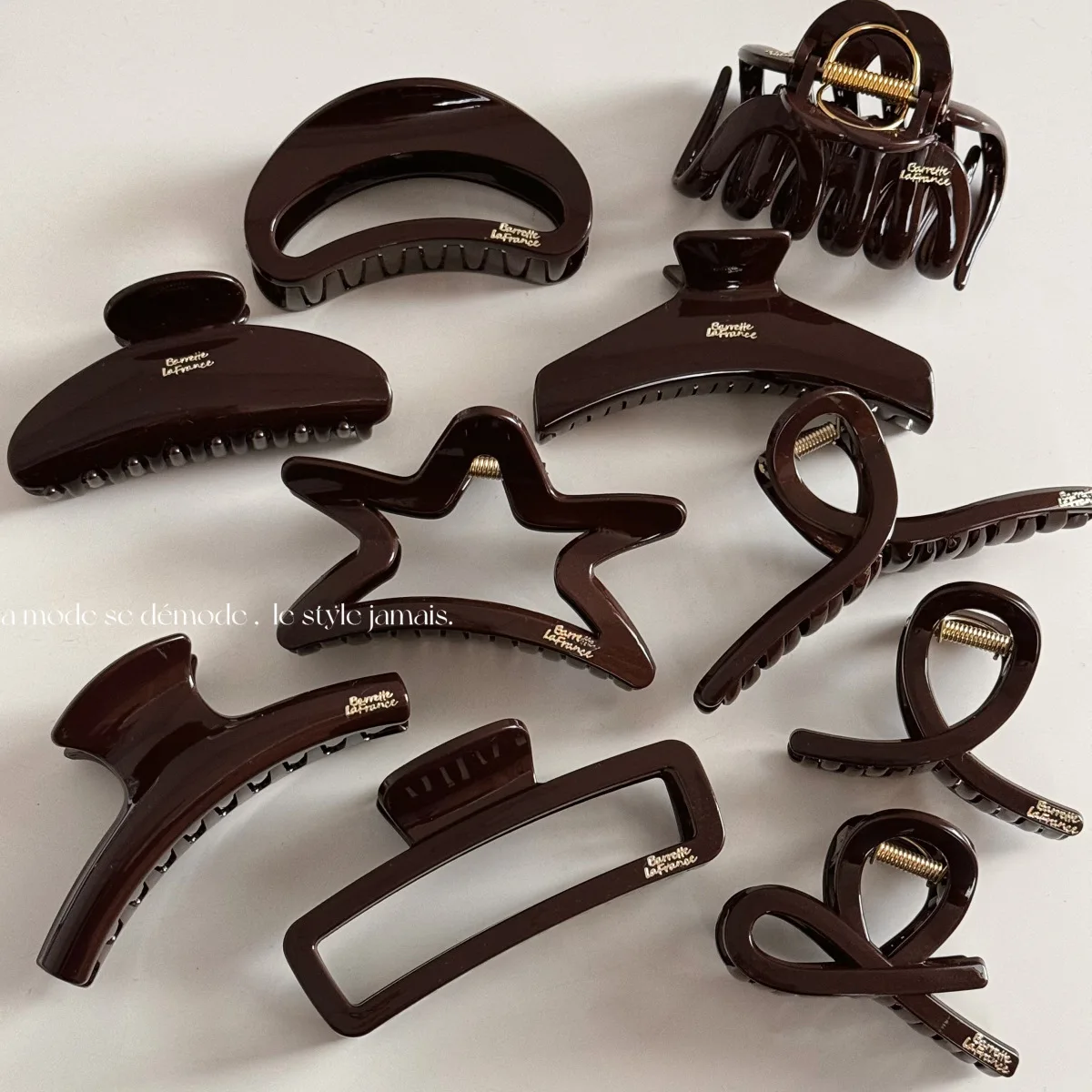Hair Claw Clip Oversized Chocolate Brown Acetate Letter Gold Emblem Non Slip Grip Women Back Head Bun Daily Gift