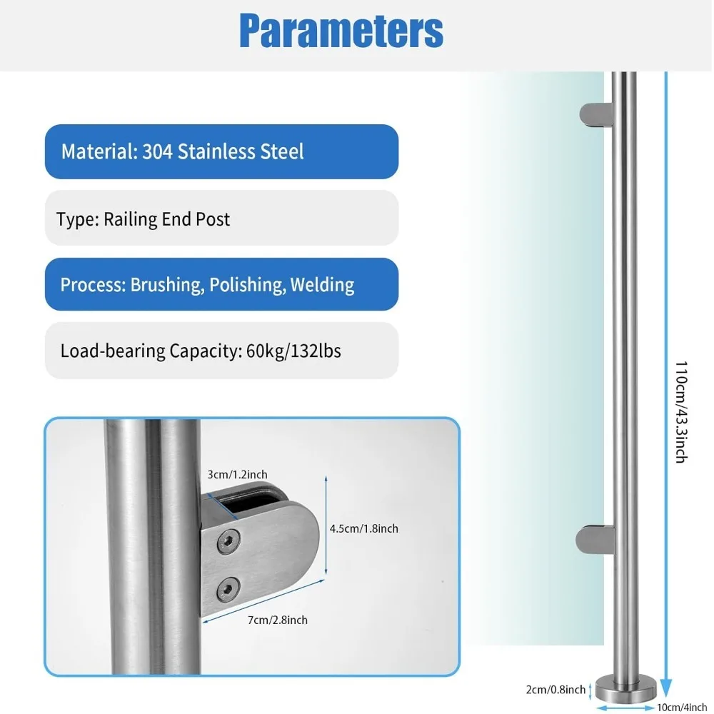 Tiang Balustrade baja tahan karat 110cm tiang pagar kaca tangga bundar Stainless Steel dengan klem kaca pas 8-12mm kaca keras