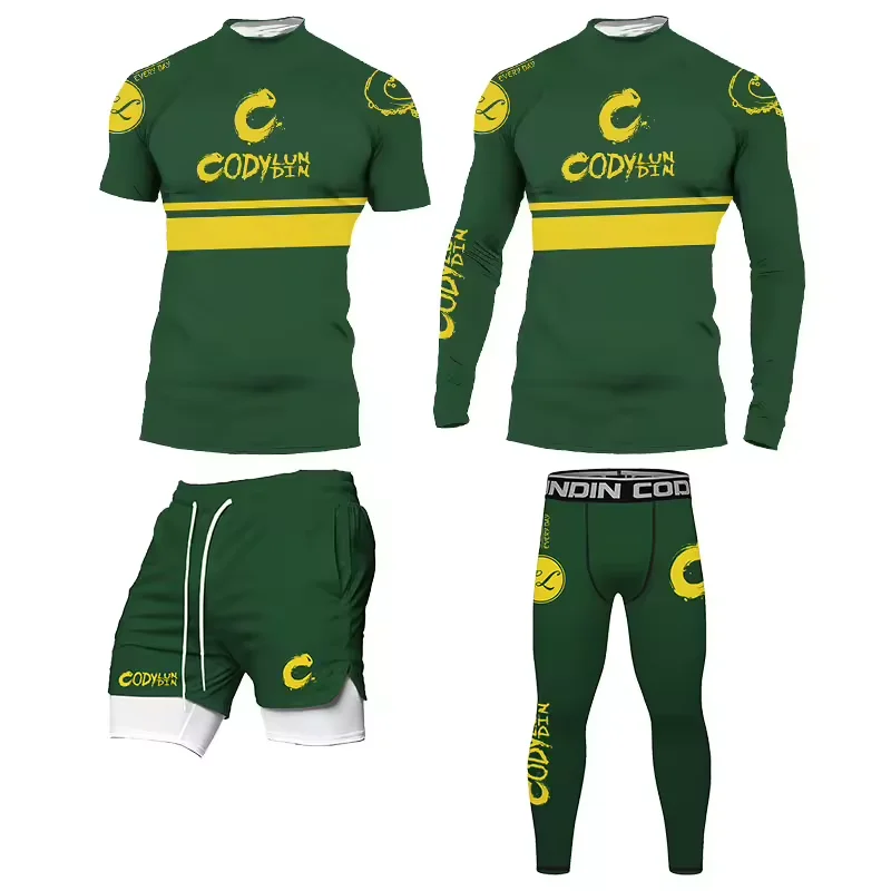 Men's Brazilian Jiu-Jitsu 4-Piece Set MMA Rashguard Boxing T-Shirt+Pant Muay Thai Shorts Bjj Rash Guard Grappling Sport Clothing