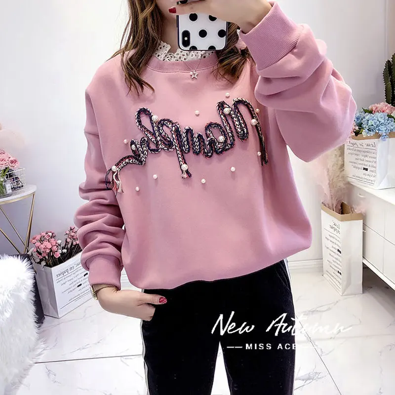 Female Clothing Casual 3D Letter Sweatshirts Fashion Pearl Beading Spring Autumn Korean Loose O-Neck Lace Patchwork Pullovers