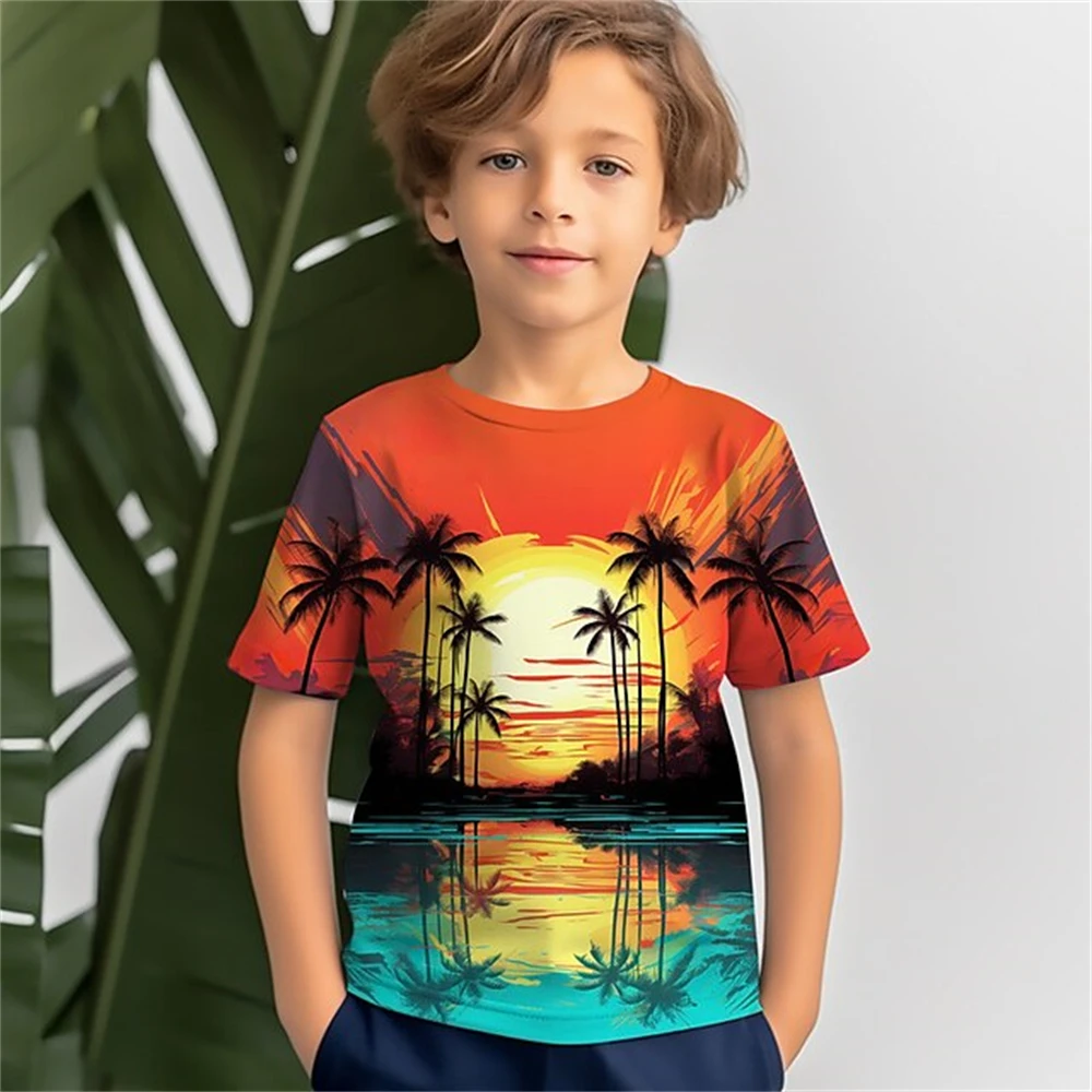 Jungen-T-Shirt mit 3D-Kokosnussbaum-Motiv, kurzärmelig, Sommerurlaub, tropisches Hawaii-Polyester, für Kinder, Rundhalsausschnitt, Outdoor, lässig, täglich