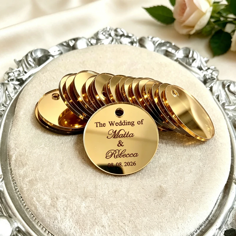 

30/Lot Personalized Acrylic Name Tag, Thank You Labels, Personalized Wedding Favor Tags, Gold Round tags - Ribbon Not Included