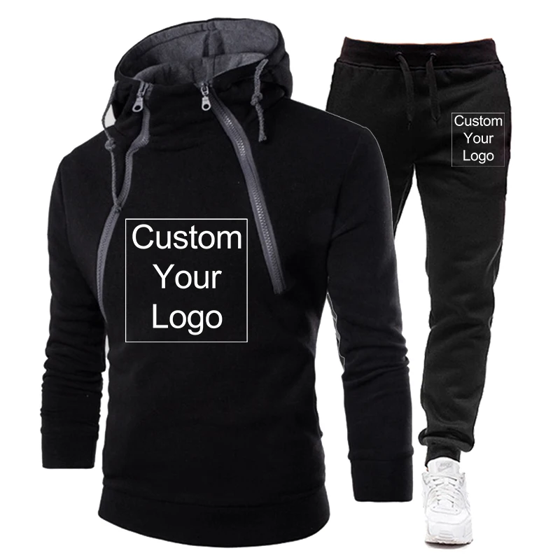 

Custom Logo Tracksuit Men 2 Pieces Sets Sweatshirt + Sweatpants Sportswear Zipper Hoodies Casual Mens Clothing Size