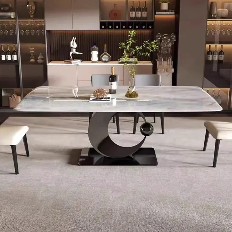 LJY Italian Rectangular Dining Table Glossy Super‑Crystal Stone Tabletop Art‑Shaped Metal Base for Modern Family Home Dining Roo