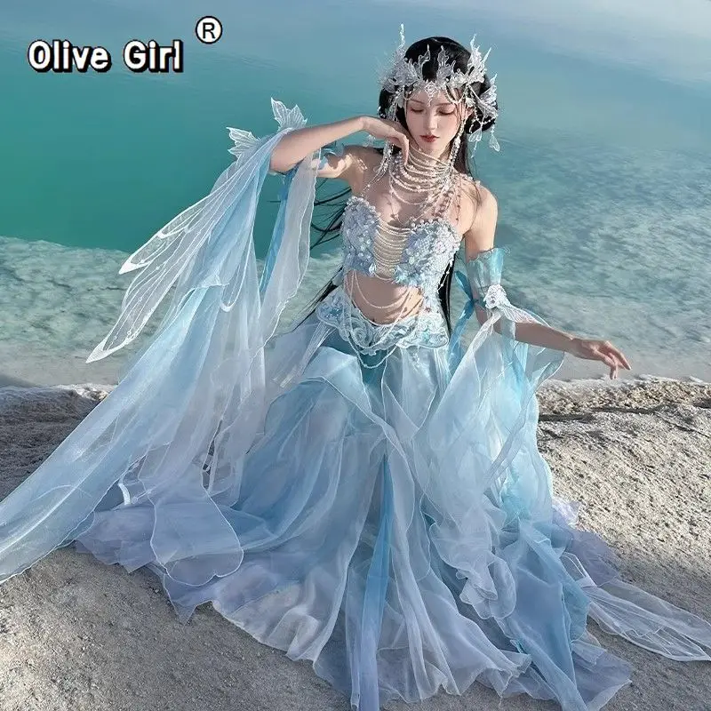 Костюм для косплея Olivegirl Hanfu: Нарядная платье-русалка для вечеринок, фотосессий и выступлений, с градиентной нитью, в мифологическом экзотическом стиле