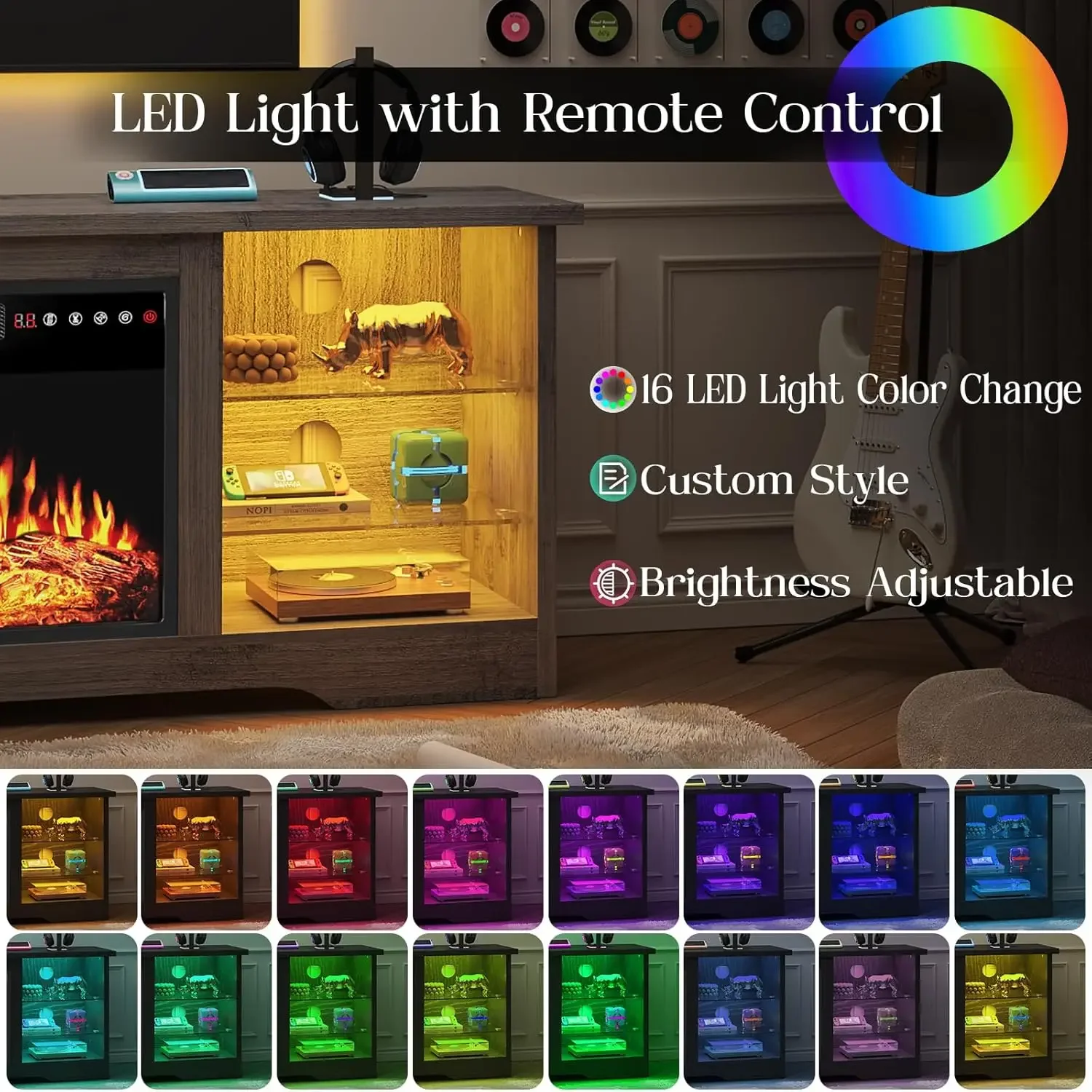 حامل تلفزيون مدفأة مقاس 58 بوصة لأجهزة التلفاز حتى 65 بوصة مع مدفأة كهربائية وجهاز تحكم عن بعد مقاس 18 بوصة، ترفيه خشبي حديث