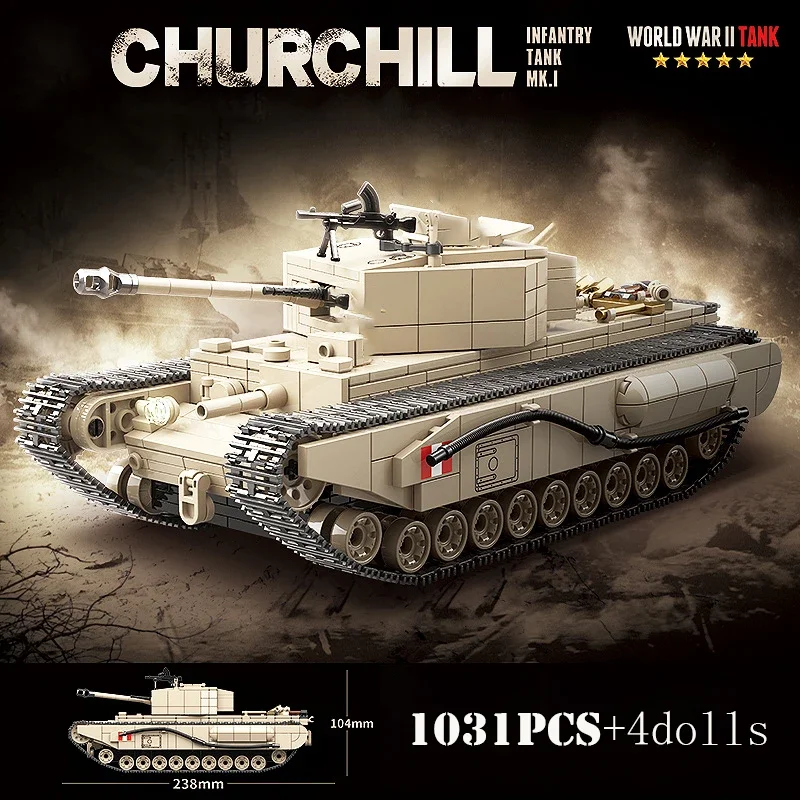 

1031pcs Military Churchill Infantry M7B1 Priests Main Tank Tank Building Block WW2 Army Soldier Children's Toys
