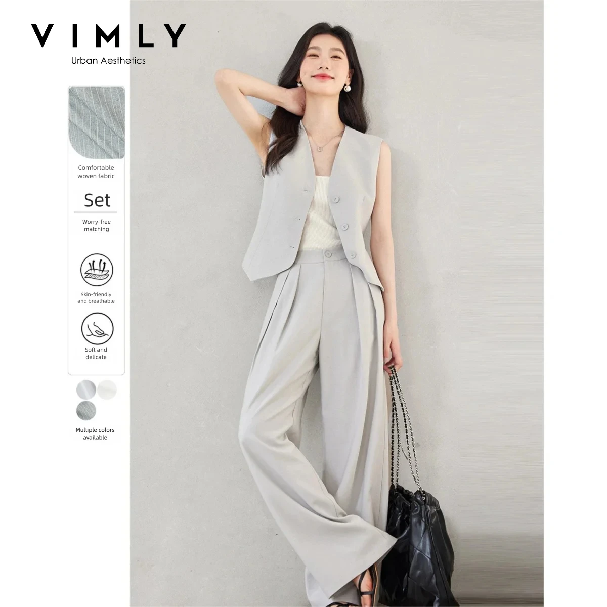 VIMLY Women's Two‑piece Pants Set 2026 Summer Sleeveless Blazer Vest High Waist Wide‑leg Long Pants Office Commute Wear M7357