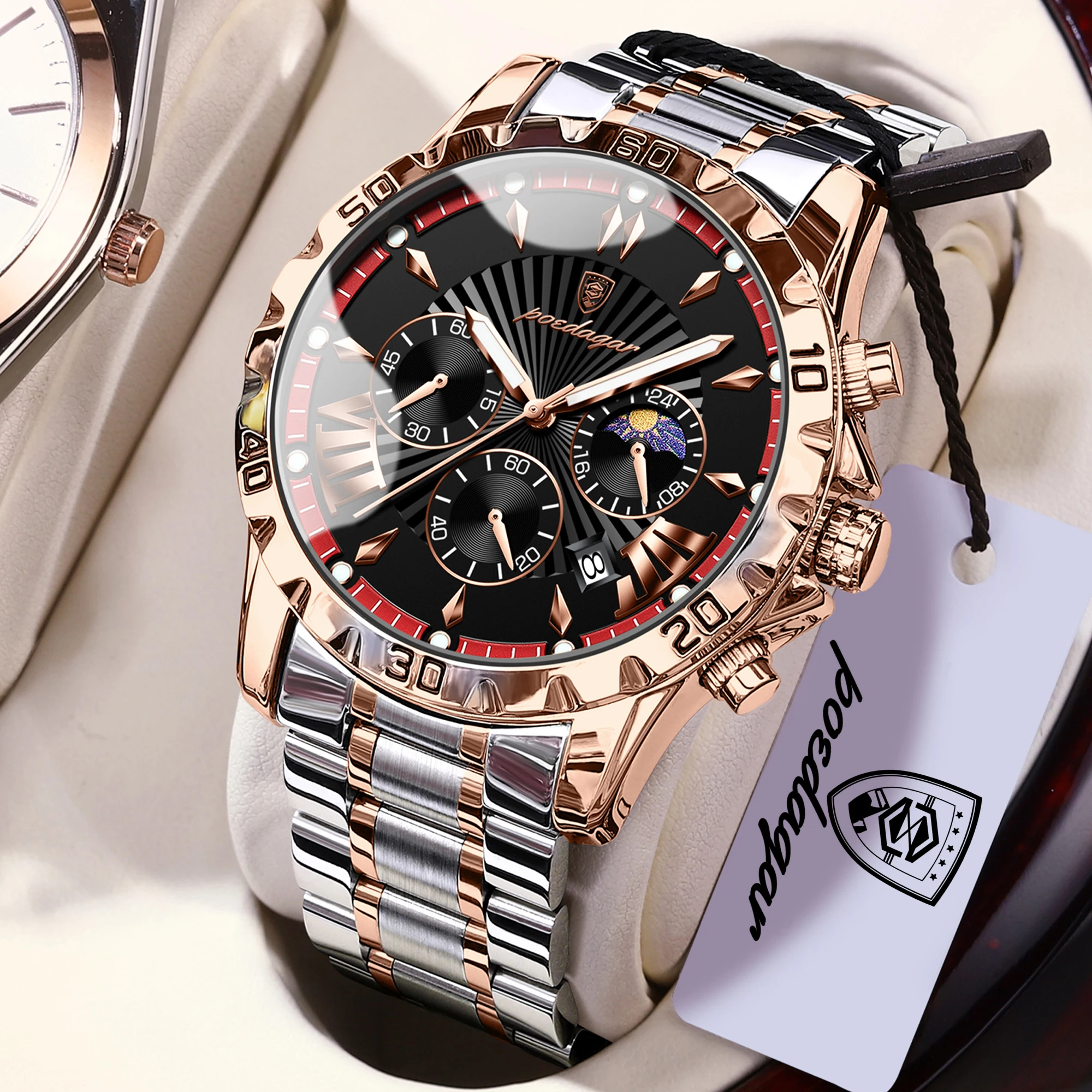 POEDAGAR Top-Luxus-Herrenuhr, Leuchtend, Wasserdicht, Edelstahl, Quarz, Chronograph, Datum, Militäruhr für Herren