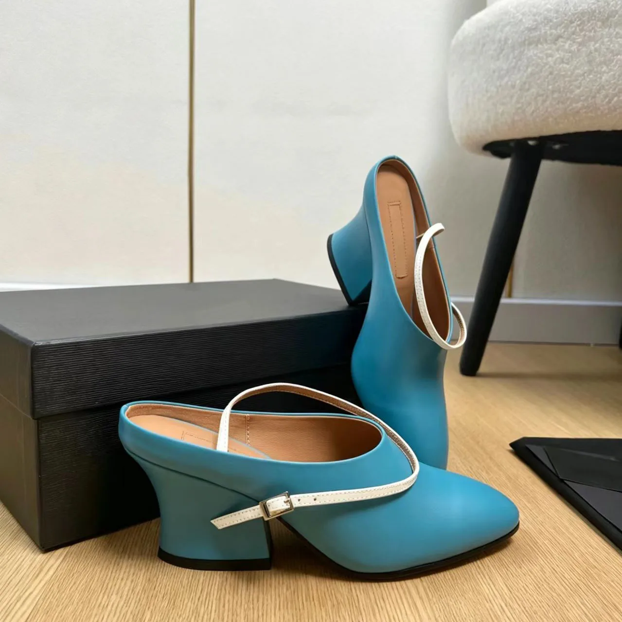 Picture 3: Women's Blue Black Leather Mules White Ankle Strap Sculpted Heel Shoes