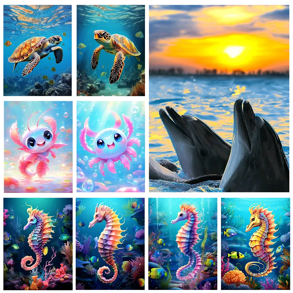 

5D DIY Diamond Painted Dolphin, Turtle, Lobster, Full Round Square Diamond Mosaic Animal Embroidery Set Home Art Decoration