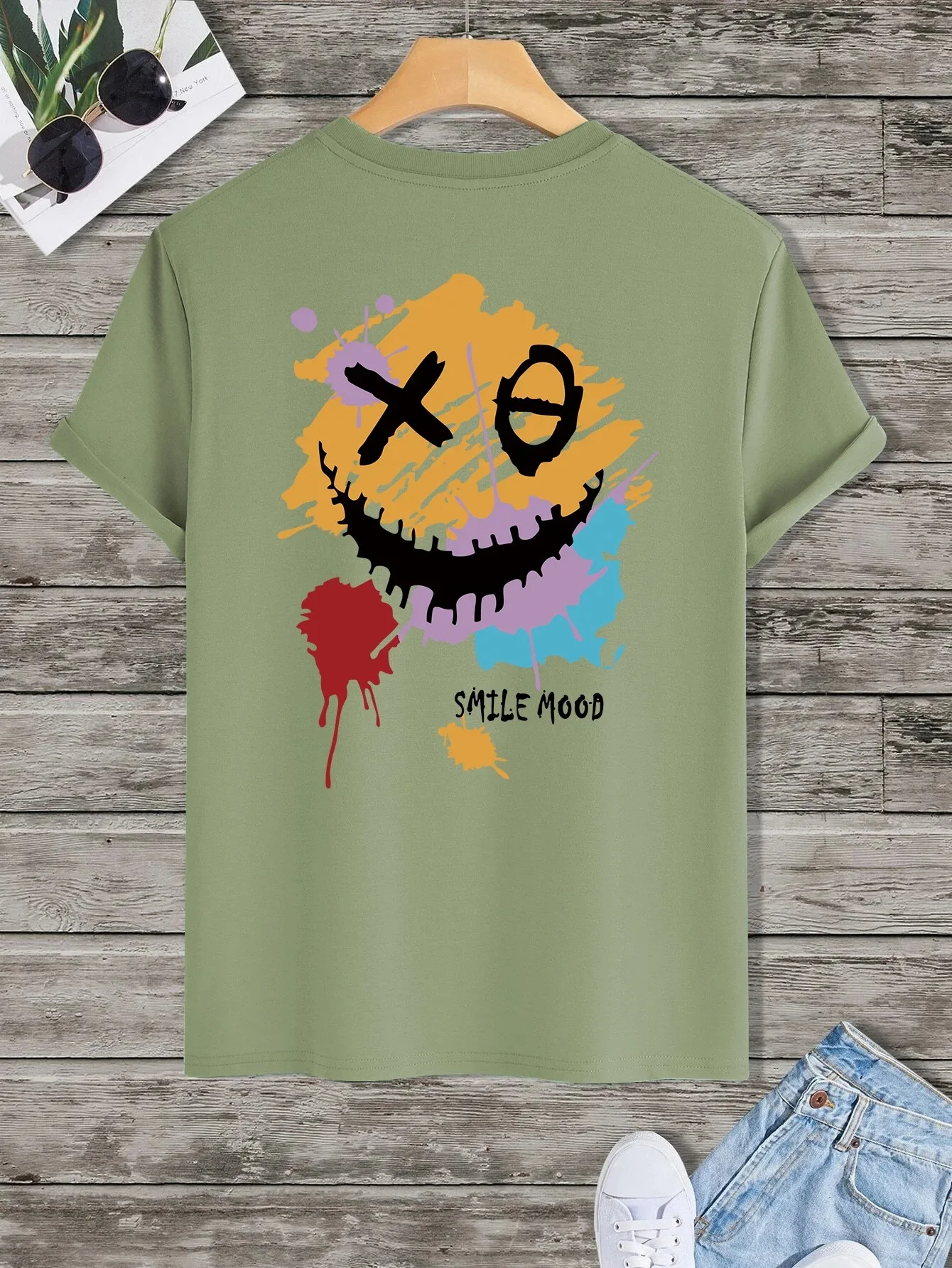 'Smile Mood' Print Herren lässig Rundhals ausschnitt Kurzarm Mode Sommer T-Shirts Tops Herren