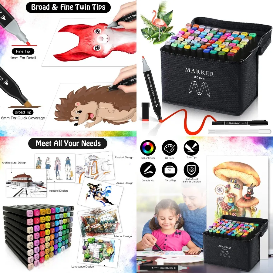 

AdamStar Alcohol Markers 80 Colors Dual Tip Art Markers for Adult Coloring Sketching Drawing - Paint Pens With Carry Case for C