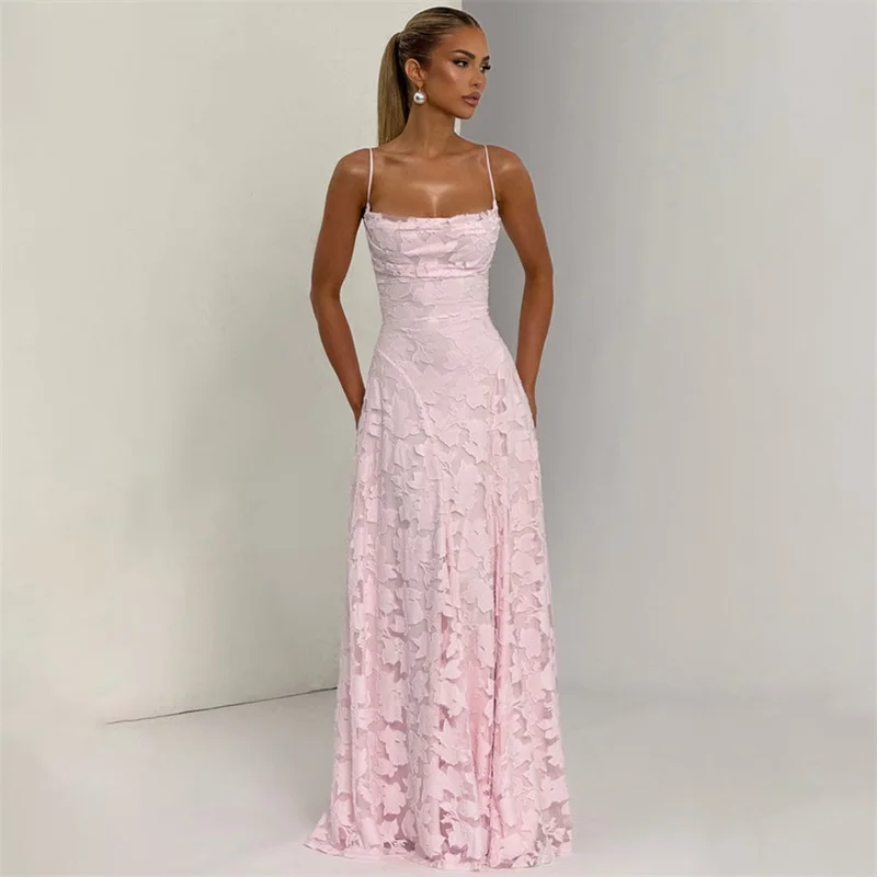 

Spaghetti Strap Jacquard Deep-V Neck Women Prom Dress Backless Lace Up Evening Skirt Multiple Colors Party Gown New Arrival