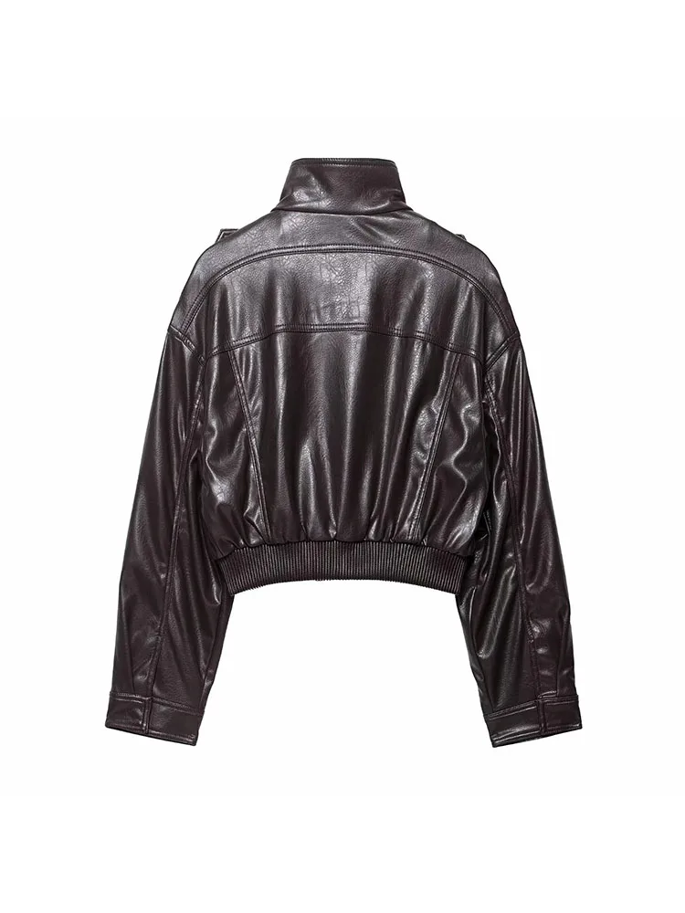 Women 2025 Autumn Winter New Vintage Zippers Short Leather Jackets Women Casual Lapel Button Pockets Full Sleeve Coat Streetwear