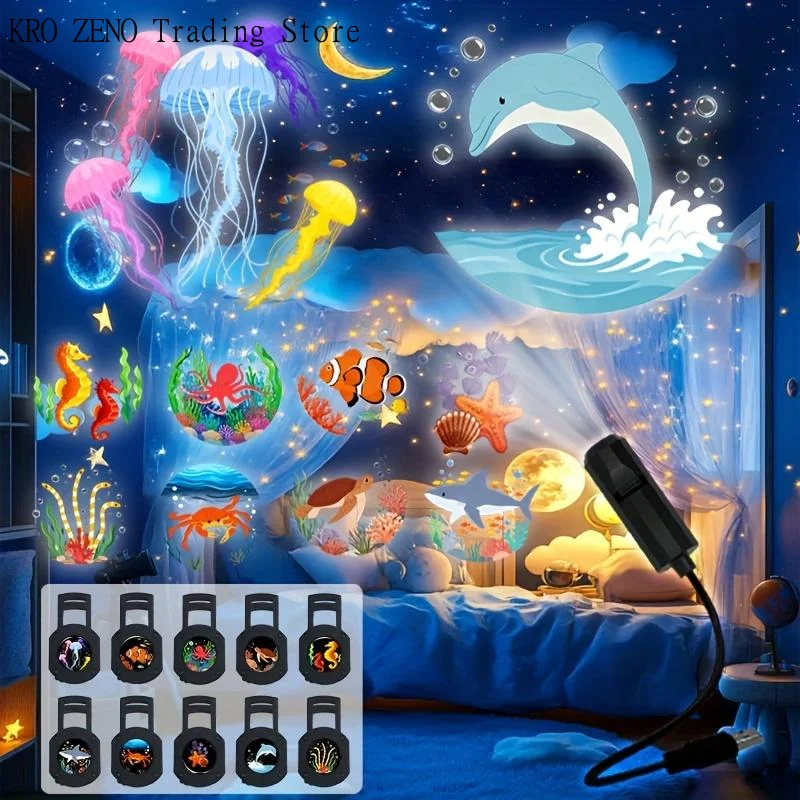 1PC LED USB Projector Light 3/6pcs Projection Patterns- Adjustable Whale Butterfly Jellyfish Starfish Night Light Festival Gift✨