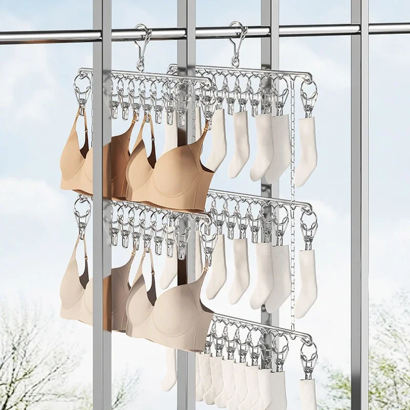 Stainless Steel Foldable Clothes Hanger Laundry Drying Rack with 20/30/40 Clips Save Space Closet Organizer for Socks Bras Towel