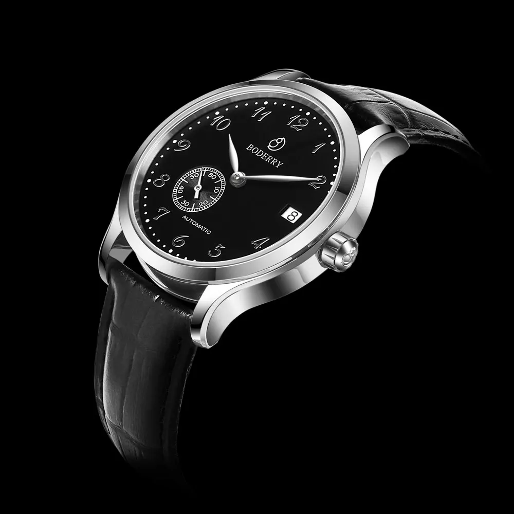 BODERRY, relojes de lujo para hombre, reloj automático, reloj de pulsera mecánico, resistente al agua hasta 50m, correa de cuero con espejo de zafiro, Rotor pequeño