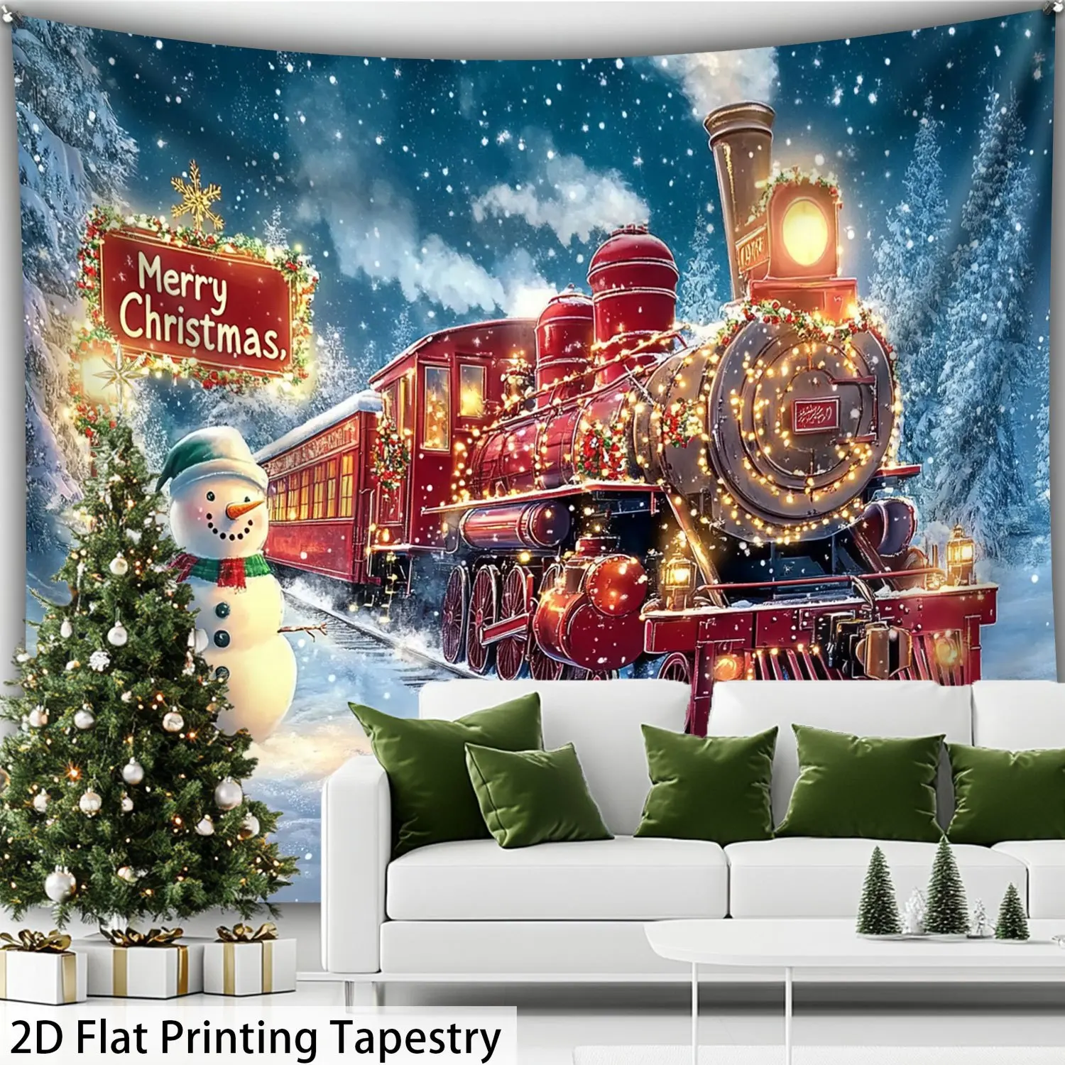 Christmas Train Tapestry, Vintage Steam Locomotive Wall Hanging, Snowy Winter Scene Art Festive Holiday Dorm Decor, Cozy Blanket