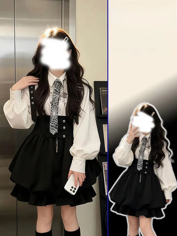 

Комплект из двух предметов: белая рубашка в студенческом стиле больших размеров и пышная юбка. Женский модный весенний комплект с рукавами-фонариками, омолаживающий образ.