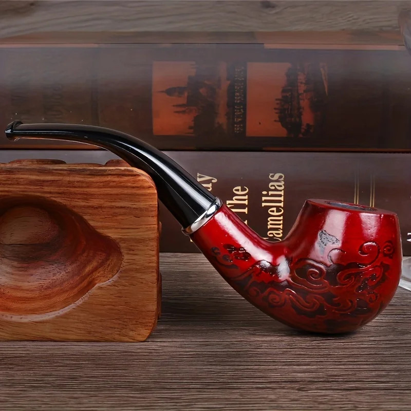 Solid Wood Resin Tobacco Pipe Red Black Pattern Carving Smoke Pipe Elbow Roll Filter Cigarette Holder Herb Grinder Smoking Tools